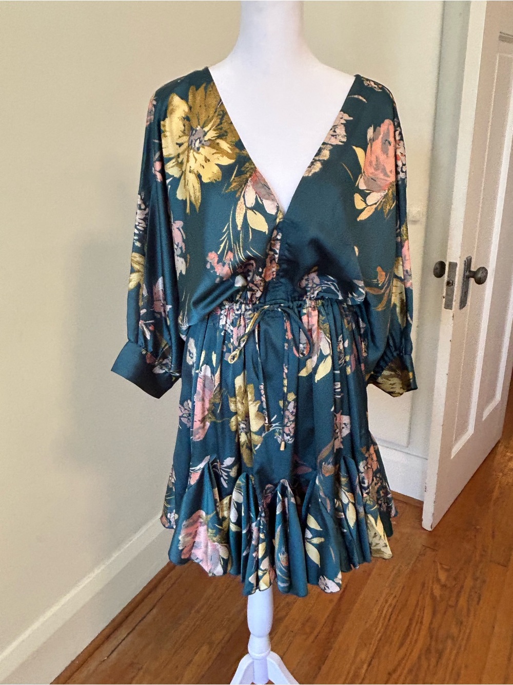 Avery Rayne Teal Floral V-Neck Satin Mini Dress with Drawstring Waist